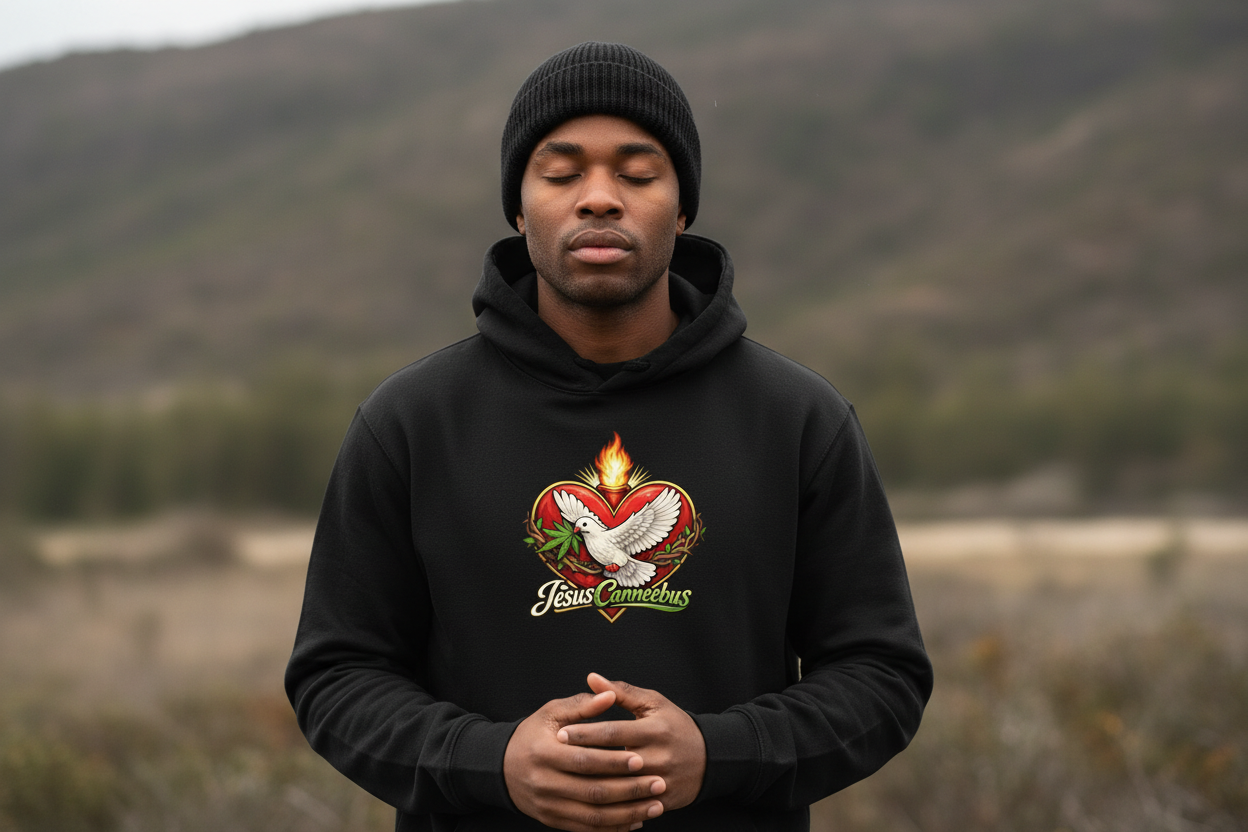 Person wearing Flaming Dove hoodie and beanie - Sacred Connection spiritual streetwear lifestyle by JesusCanneebus
