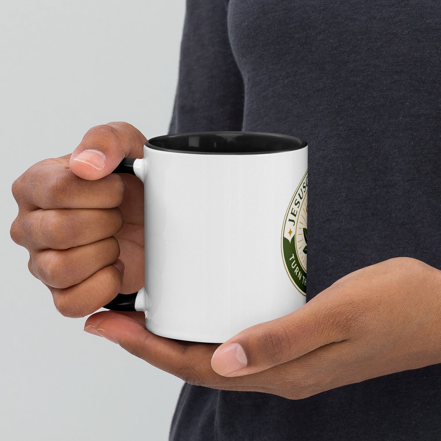Turn the Other Leaf ceramic mug – color inside black 11oz left view 2 | Sacred Streetwear | JesusCanneebus