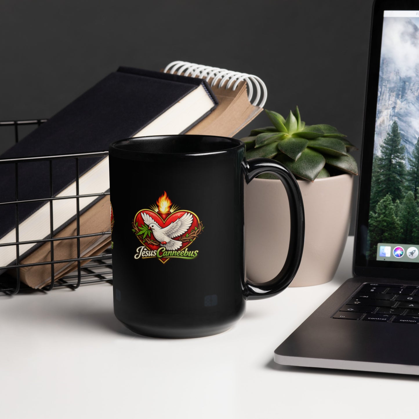 Flaming Heart Dove Mug – Black Glossy