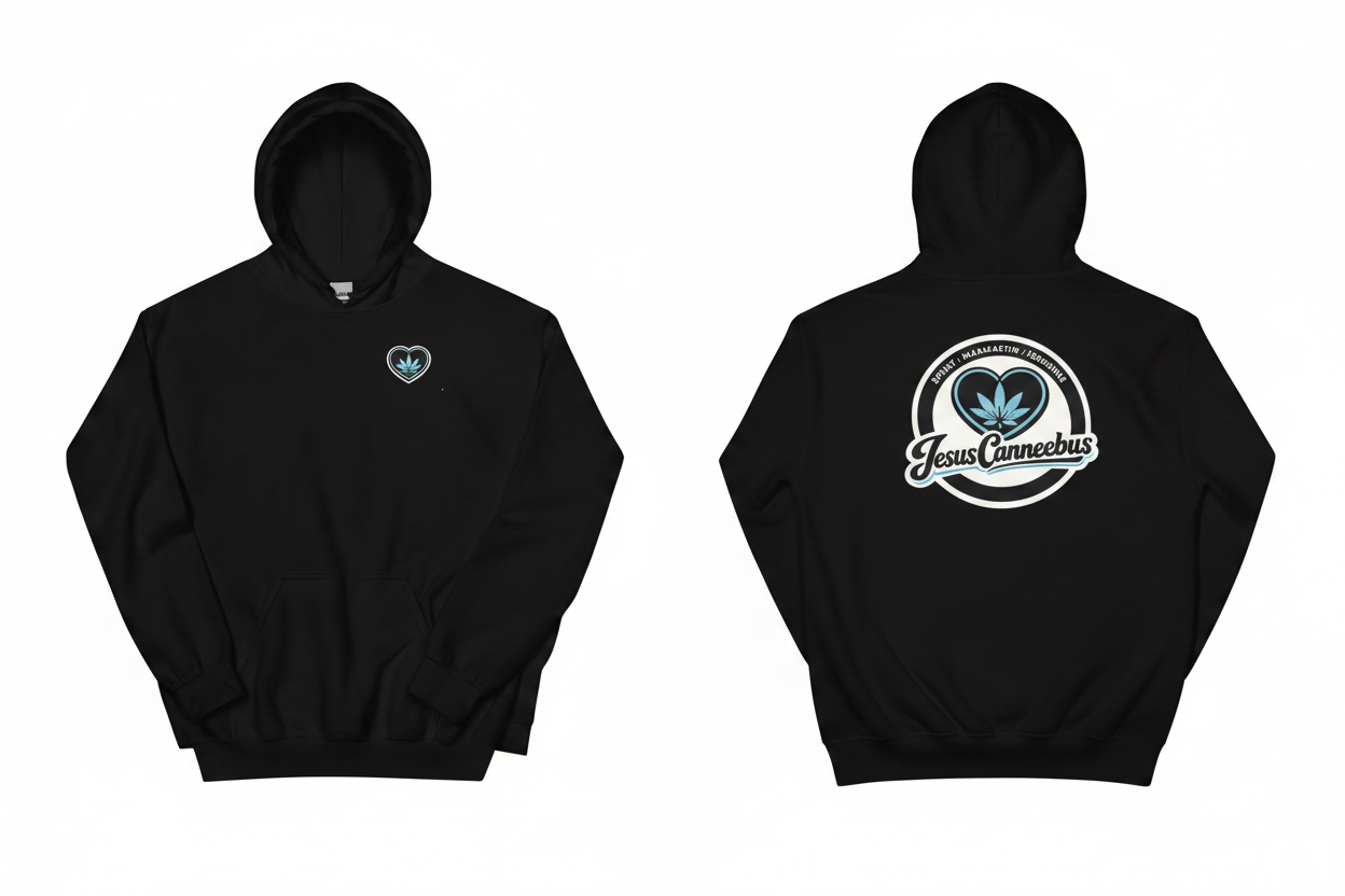Blue Heart Hoodie – black front and back flat lay | Sacred Streetwear | JesusCanneebus