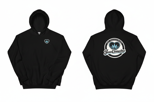 Blue Heart Hoodie – black front and back flat lay | Sacred Streetwear | JesusCanneebus