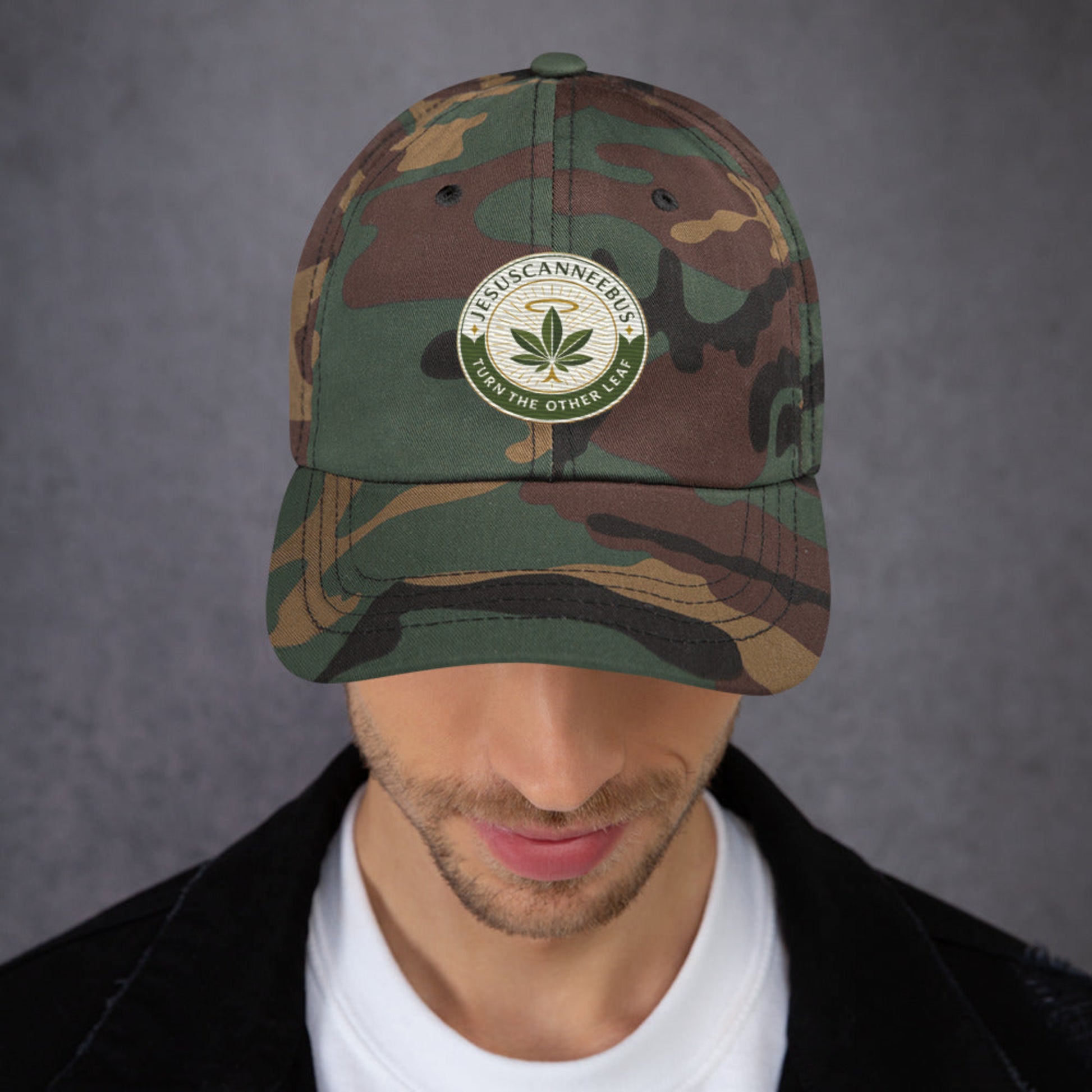 Turn The Other Leaf Ritual Cap – green camo front | Sacred Streetwear | JesusCanneebus