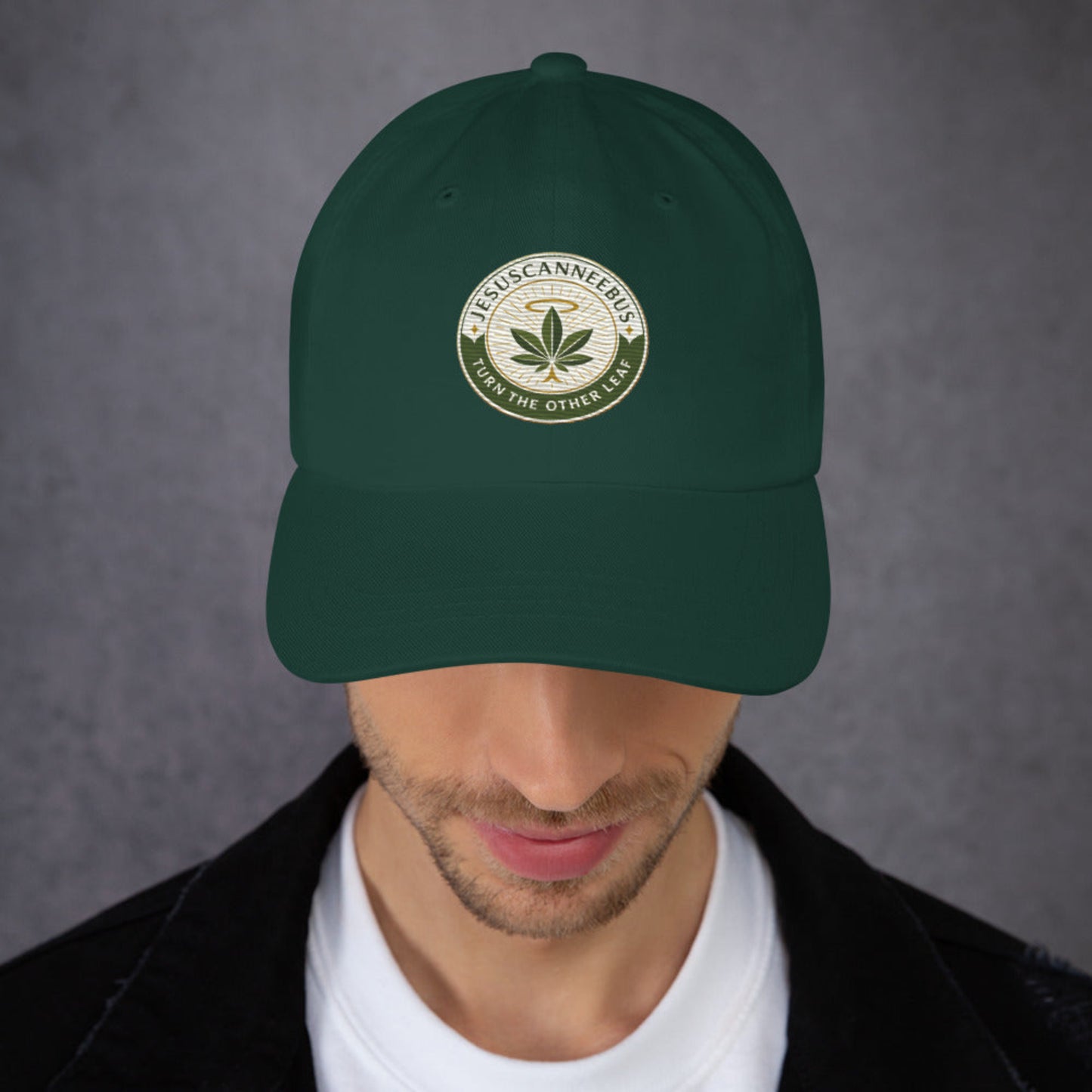 Turn The Other Leaf Ritual Cap – spruce front | Sacred Streetwear | JesusCanneebus