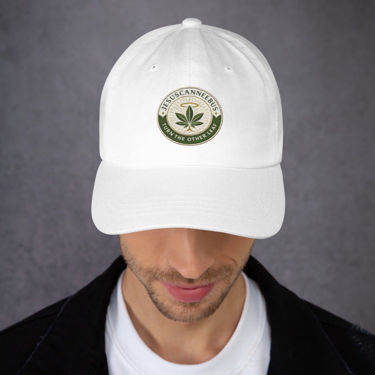 Turn The Other Leaf Ritual Cap – white front | Sacred Streetwear | JesusCanneebus