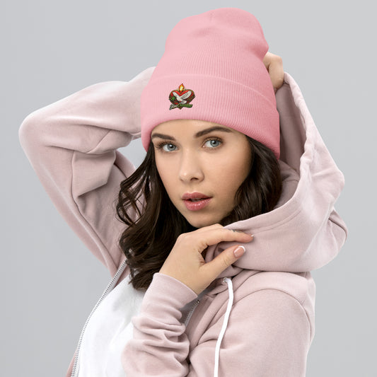 Flaming Dove Pink Beanie – baby pink front view 1 | Sacred Streetwear | JesusCanneebus