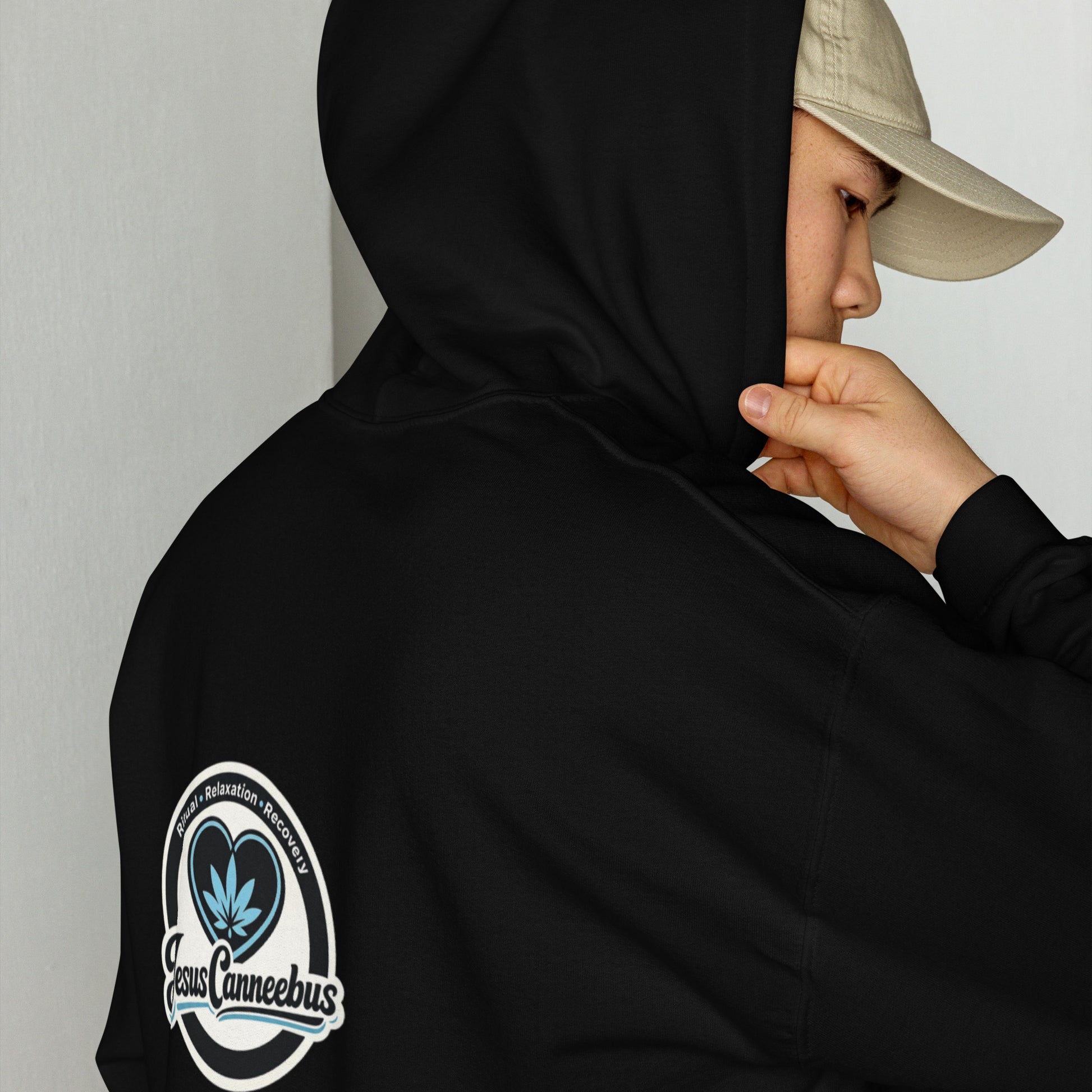 Blue Heart Hoodie – male lifestyle back | Sacred Streetwear | JesusCanneebus