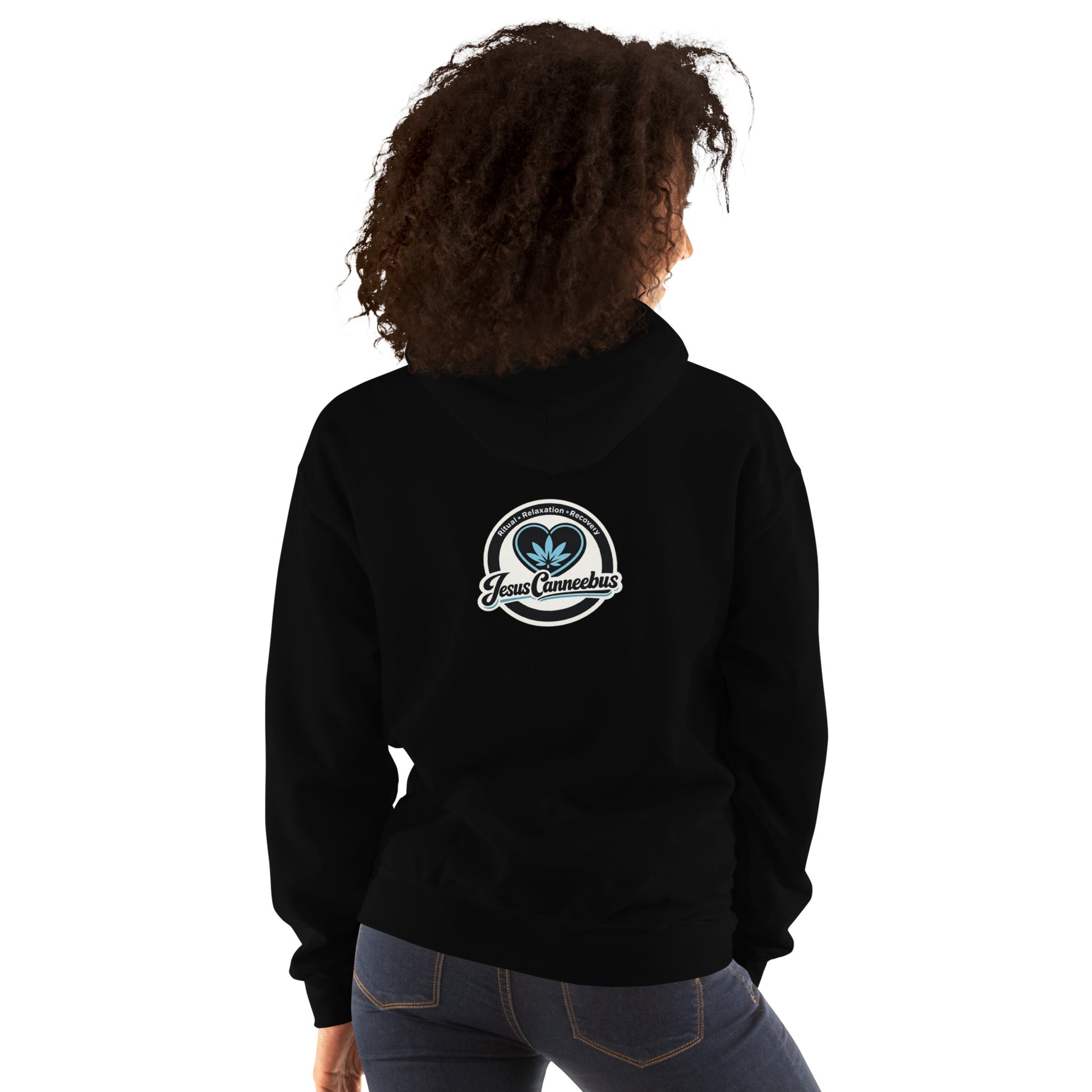 Blue Heart Hoodie – female lifestyle back | Sacred Streetwear | JesusCanneebus