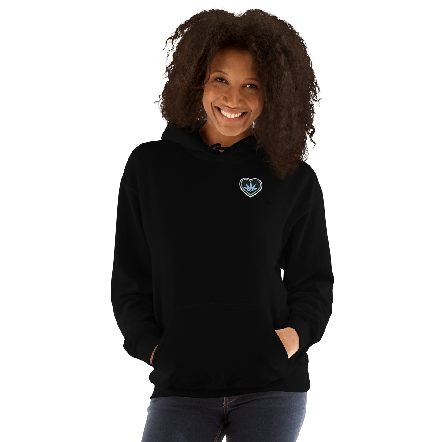 Blue Heart Hoodie – female lifestyle front | Sacred Streetwear | JesusCanneebus
