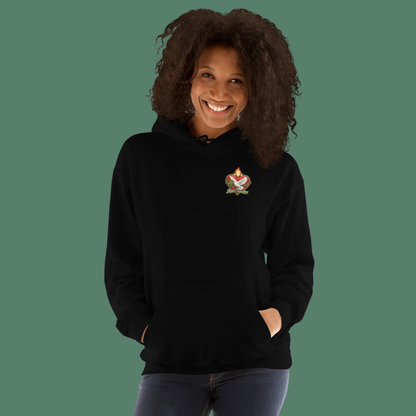 Flaming Dove Hoodie – black front lifestyle view 2 | Sacred Streetwear | JesusCanneebus