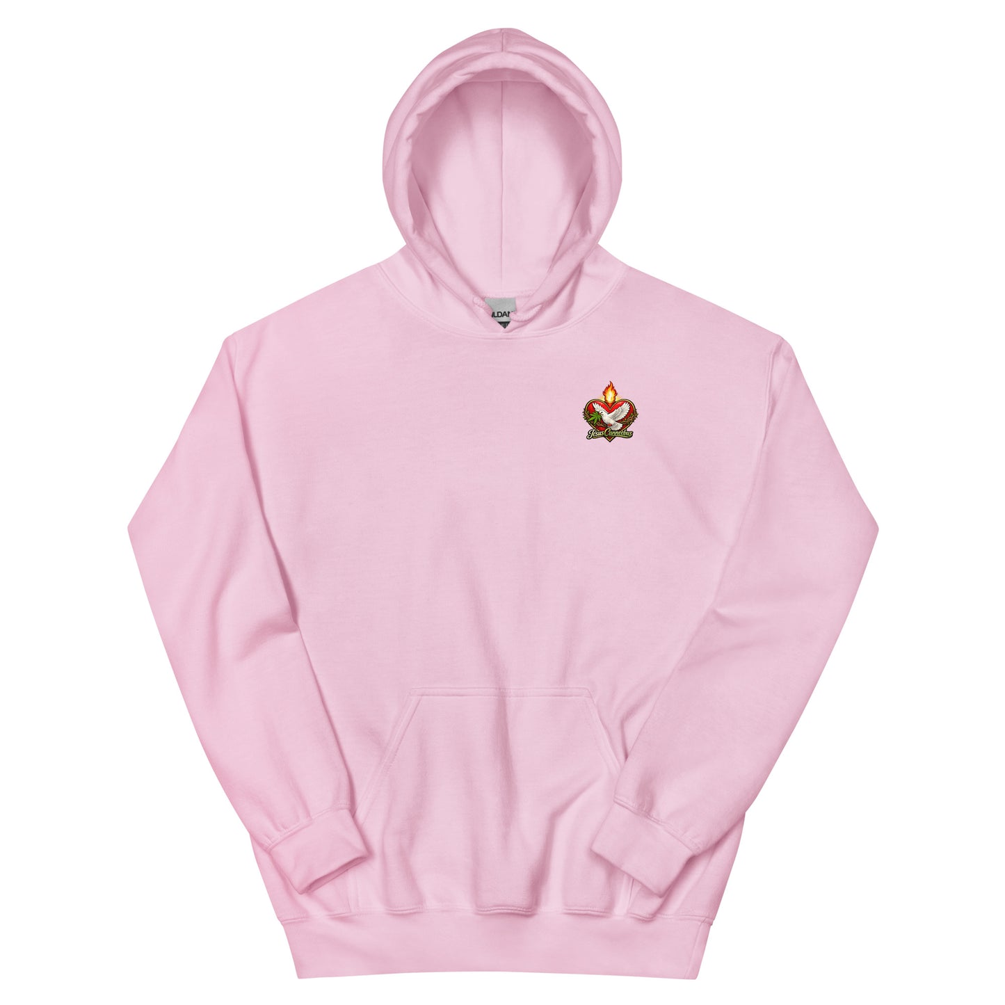 Flaming Dove Pink Hoodie – light pink front | Sacred Streetwear | JesusCanneebus