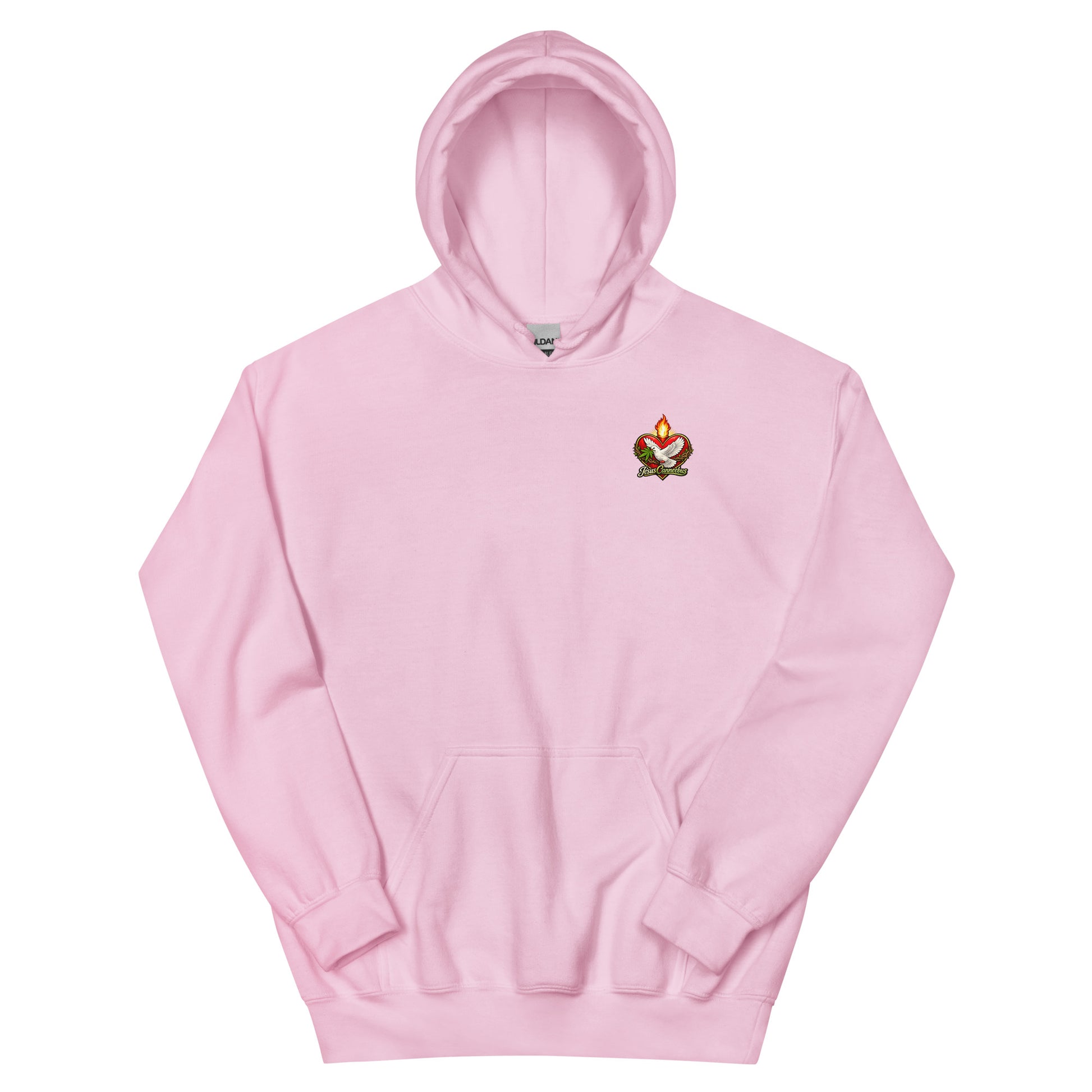 Flaming Dove Pink Hoodie – light pink front | Sacred Streetwear | JesusCanneebus