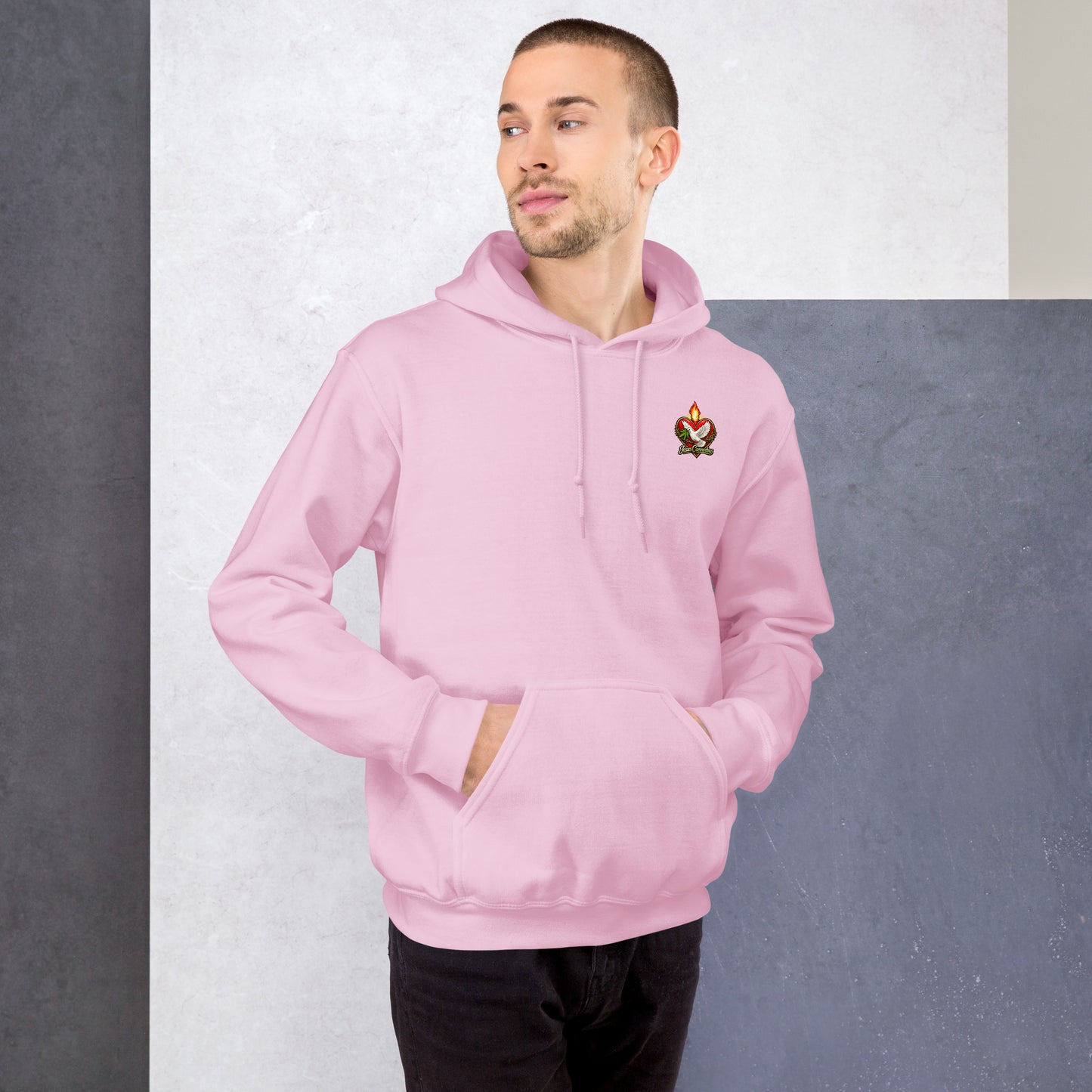 Flaming Dove Pink Hoodie – light pink front lifestyle view 2 | Sacred Streetwear | JesusCanneebus