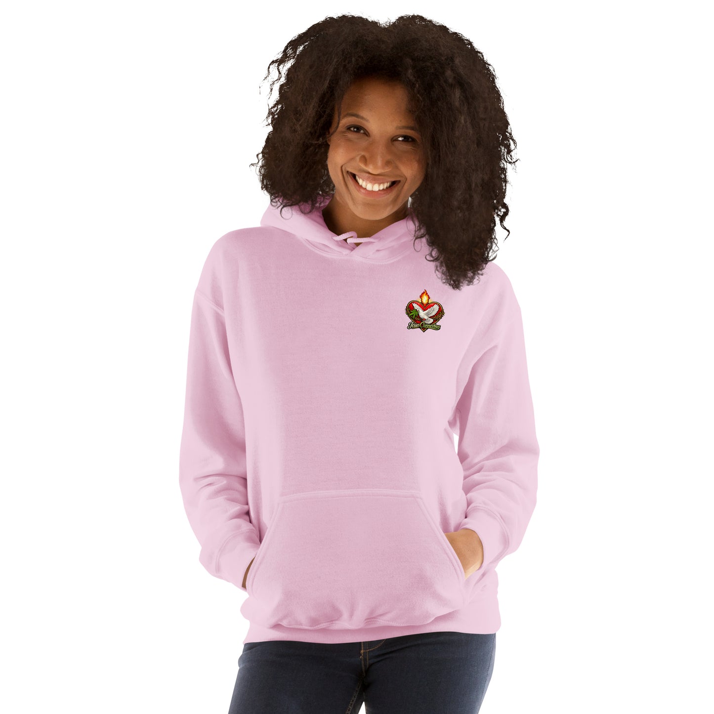 Flaming Dove Pink Hoodie – light pink front lifestyle view 1 | Sacred Streetwear | JesusCanneebus