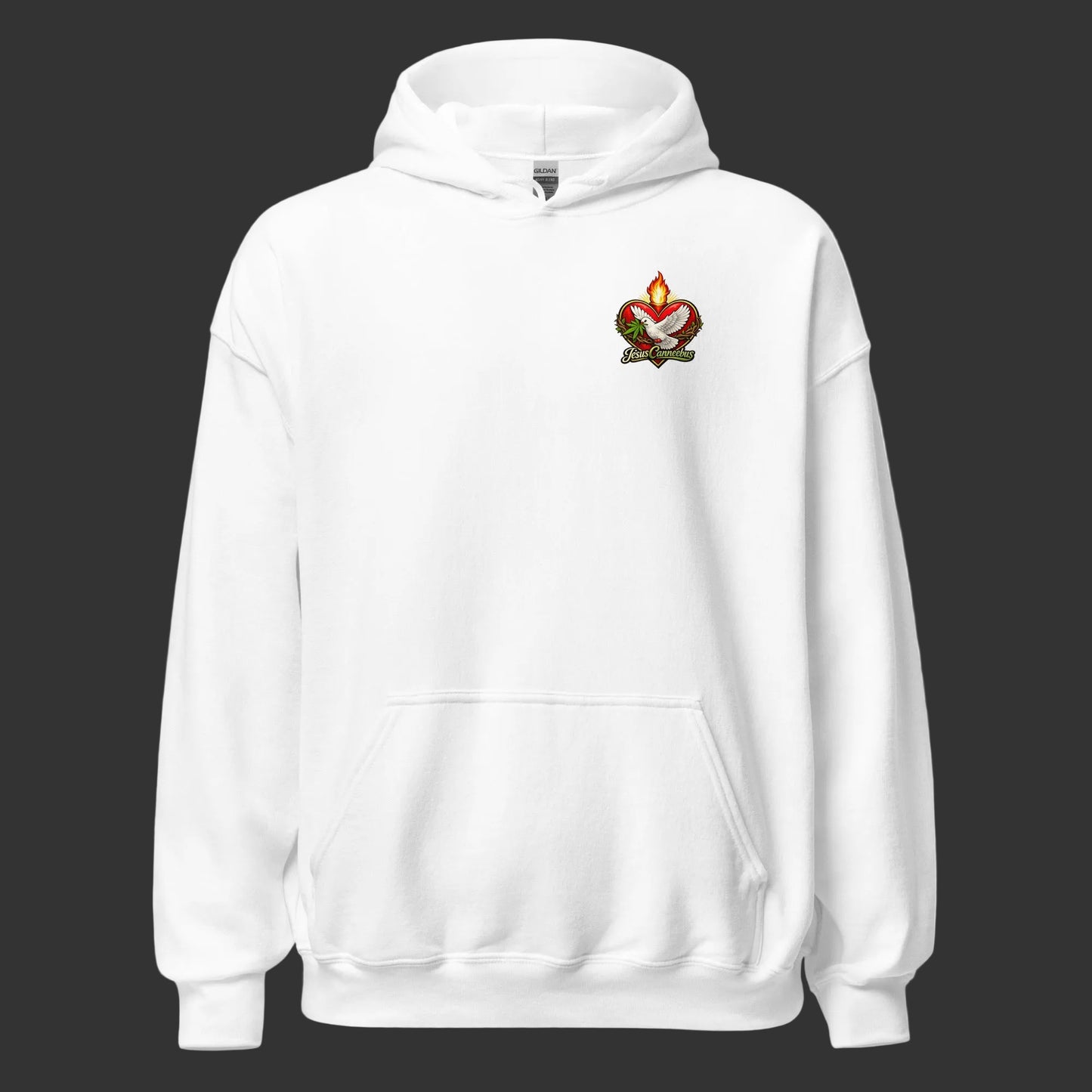 Flaming Dove Hoodie – white front | Sacred Streetwear | JesusCanneebus