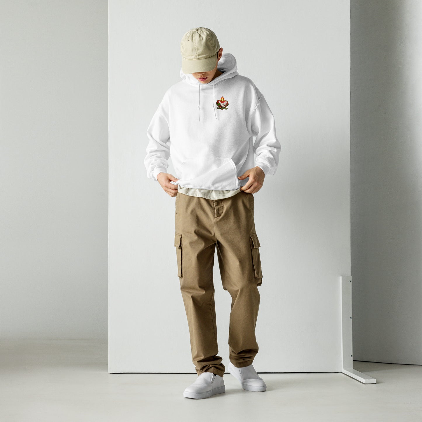 Flaming Dove Hoodie – white front lifestyle view 1 | Sacred Streetwear | JesusCanneebus