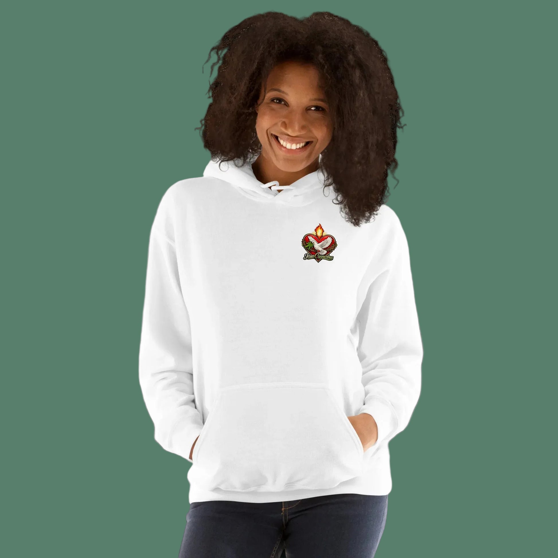 Flaming Dove Hoodie – white front lifestyle view 2 | Sacred Streetwear | JesusCanneebus