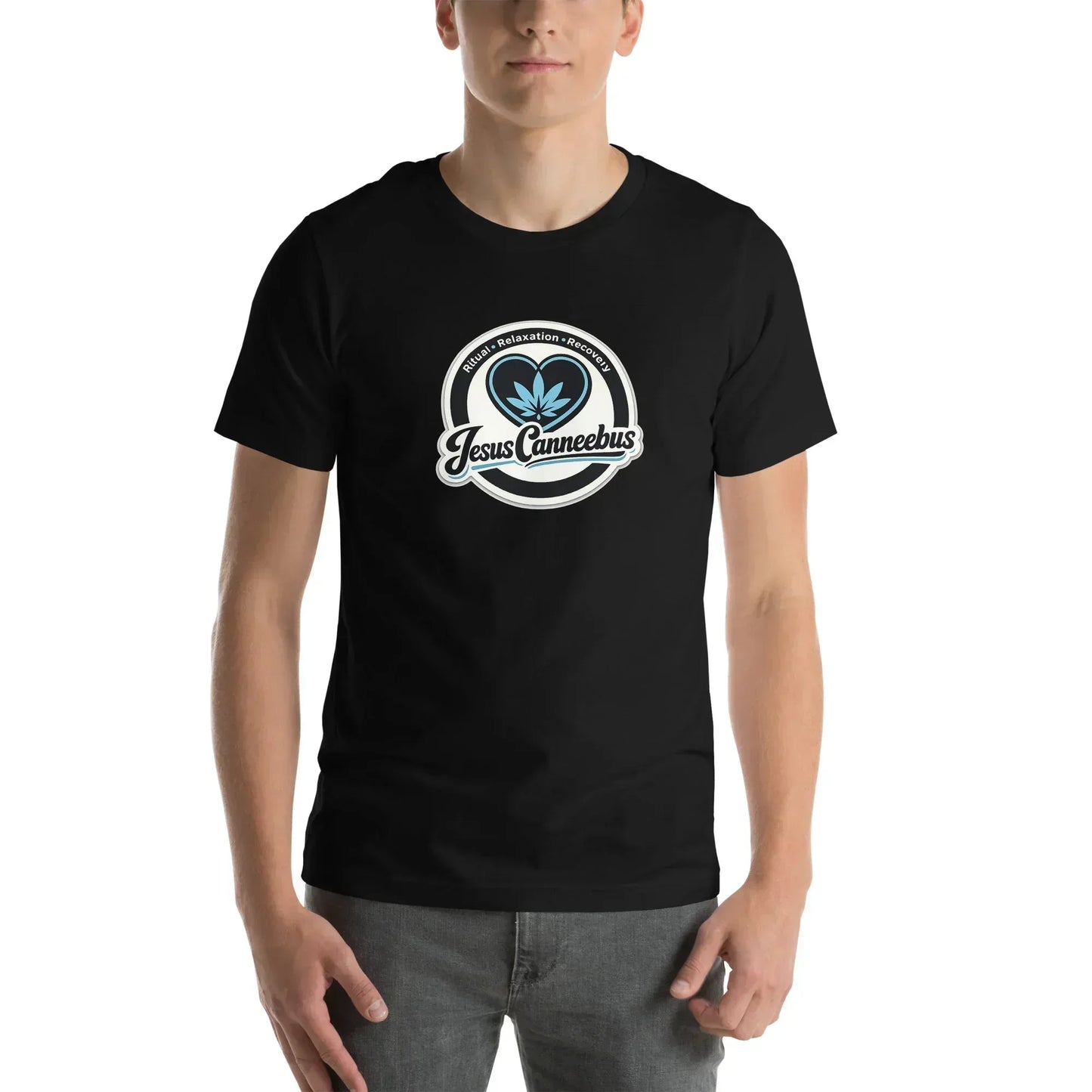 Sacred Threads Blue Heart Tee – male lifestyle front | Sacred Streetwear | JesusCanneebus
