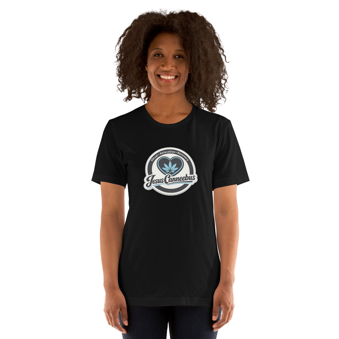 Sacred Threads Blue Heart Tee – female lifestyle front | Sacred Streetwear | JesusCanneebus