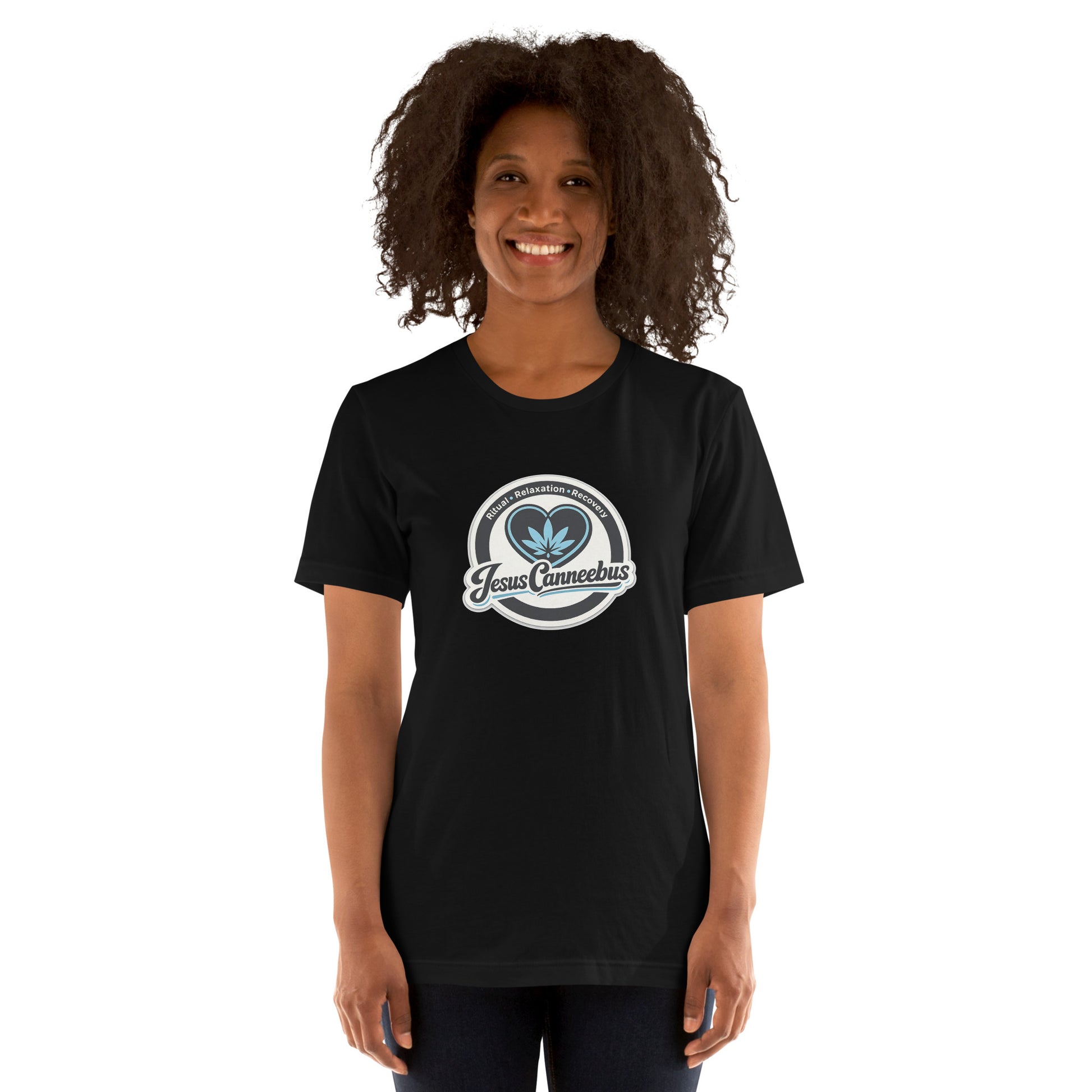 Sacred Threads Blue Heart Tee – female lifestyle front | Sacred Streetwear | JesusCanneebus