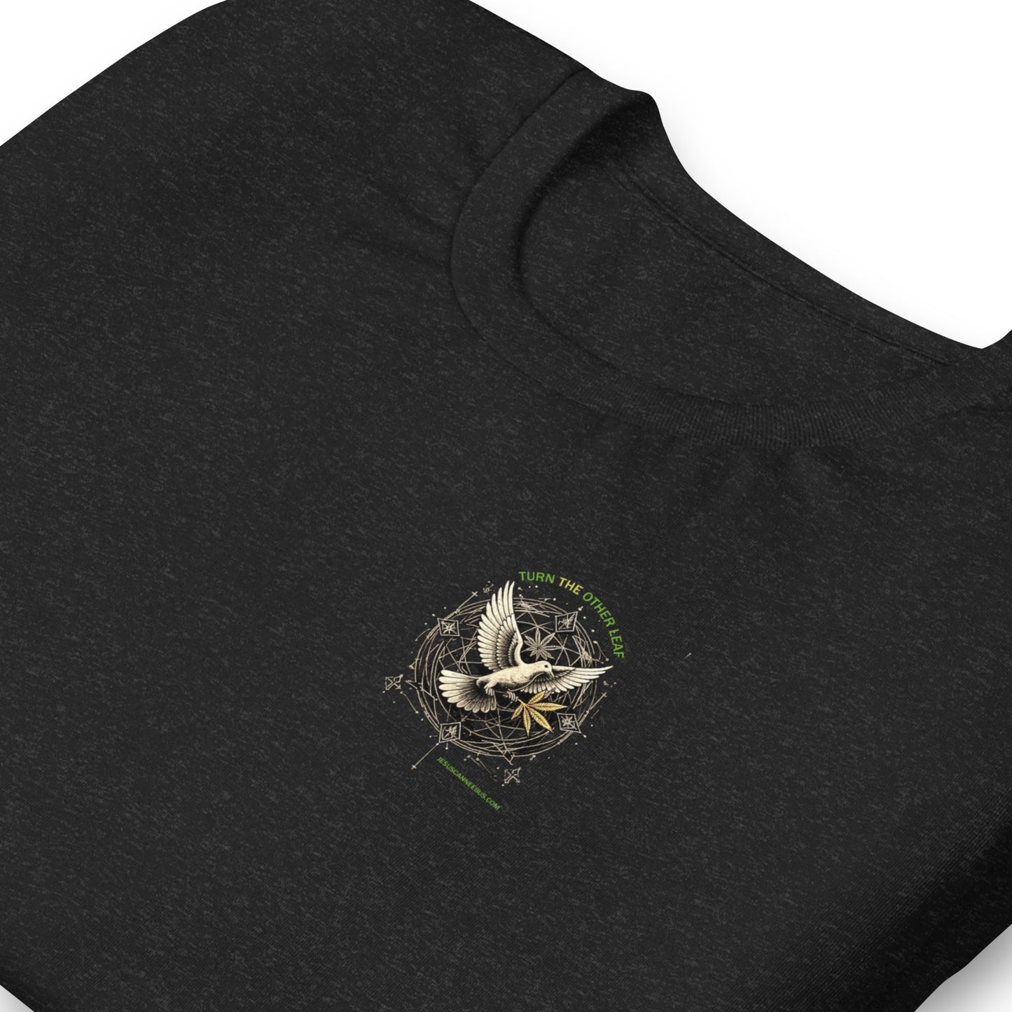 Sacred Dove TTOL Graphic Tee – black heather design detail | Sacred Streetwear | JesusCanneebus