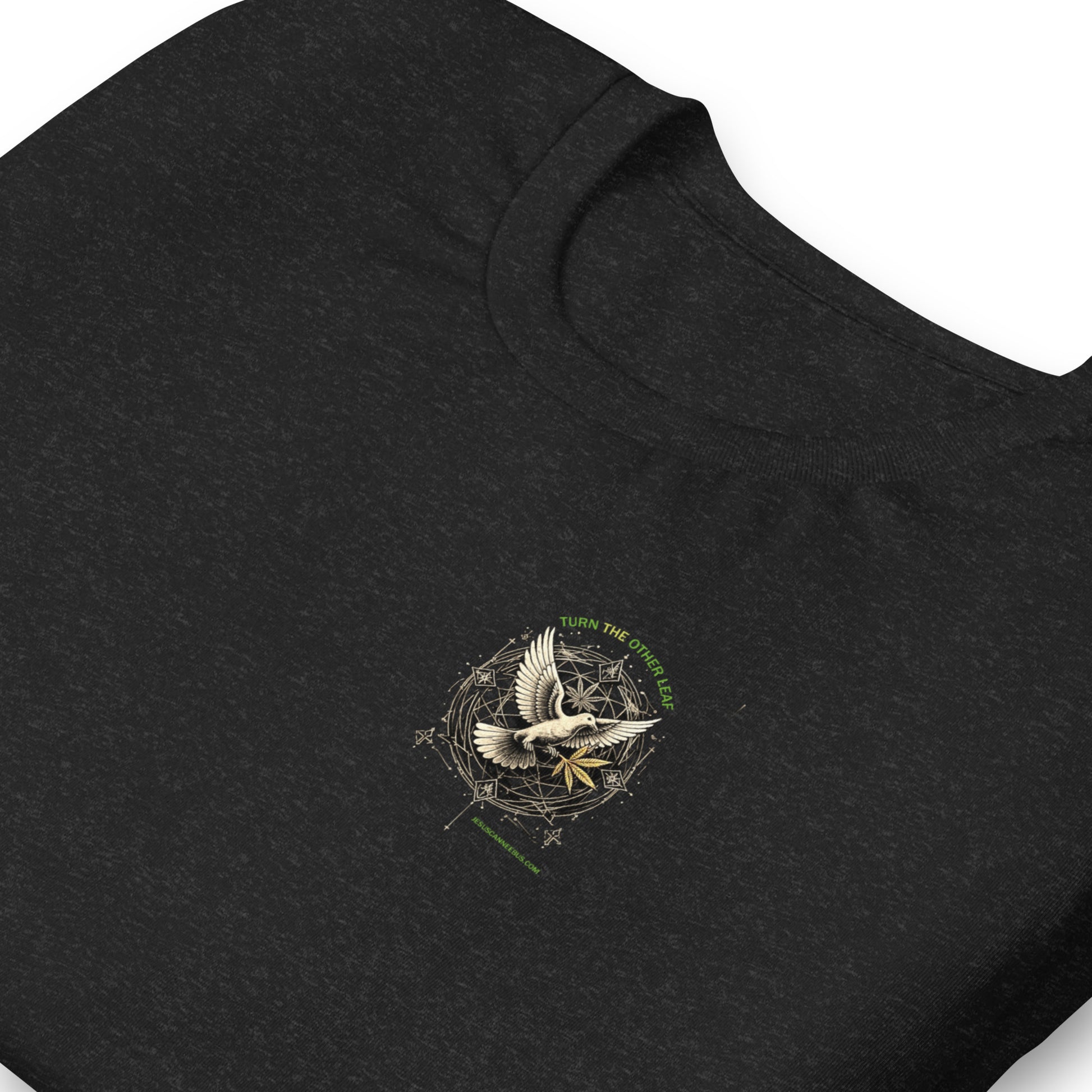 Sacred Dove TTOL Graphic Tee – black heather design detail | Sacred Streetwear | JesusCanneebus