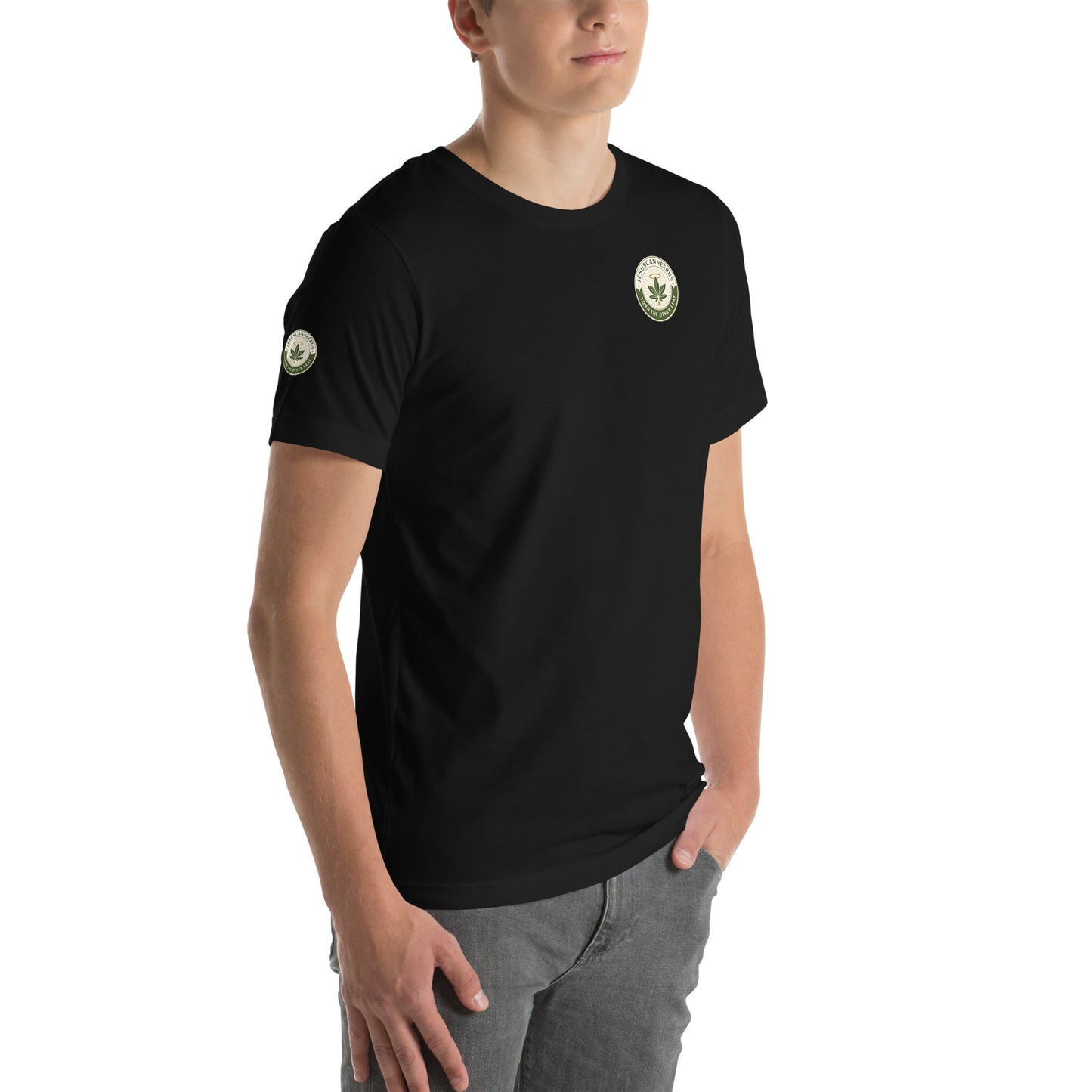 Sacred Threads Turn The Other Leaf Tee – male black right-front sleeve detail | Sacred Streetwear | JesusCanneebus