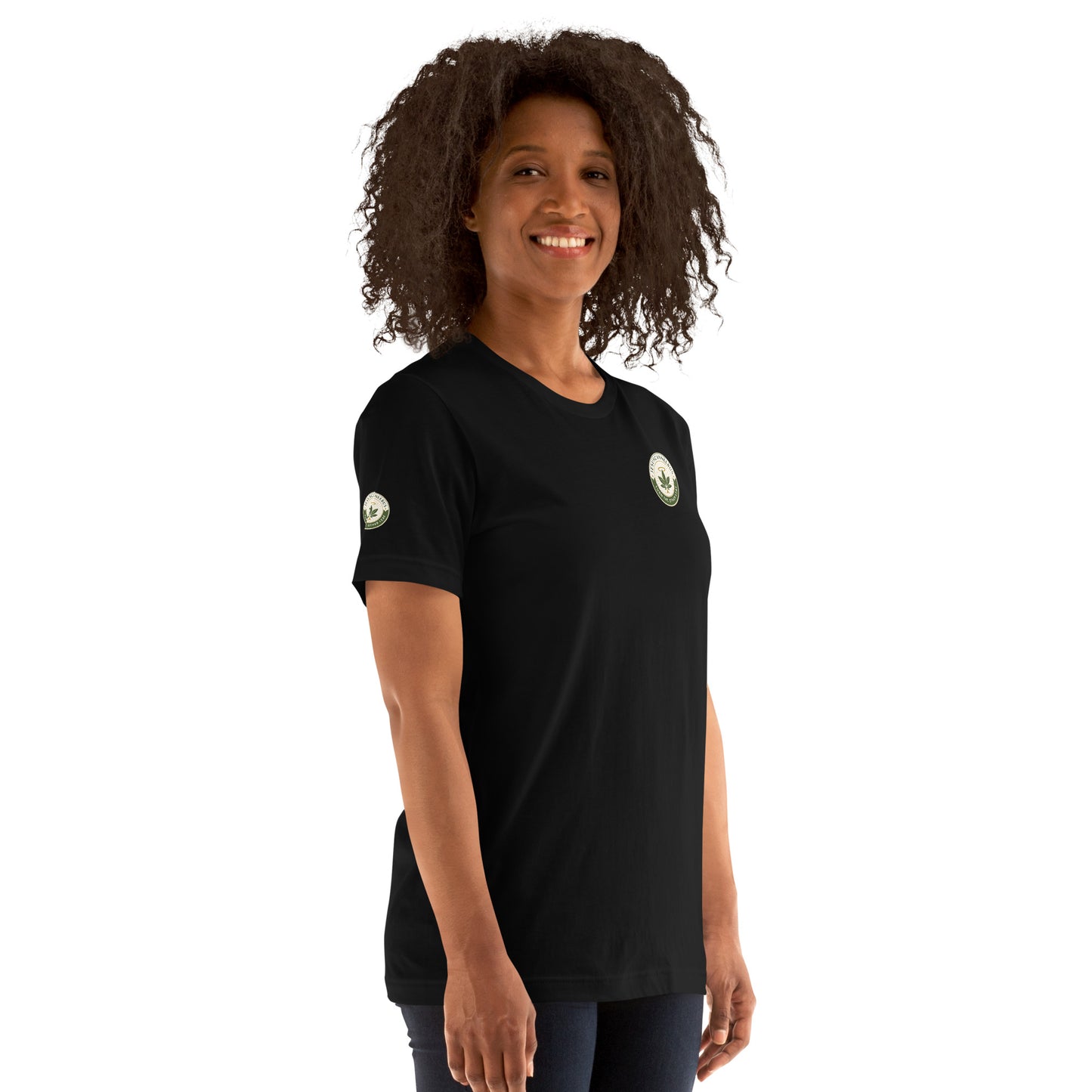 Sacred Threads Turn The Other Leaf Tee – female black right-front sleeve detail | Sacred Streetwear | JesusCanneebus