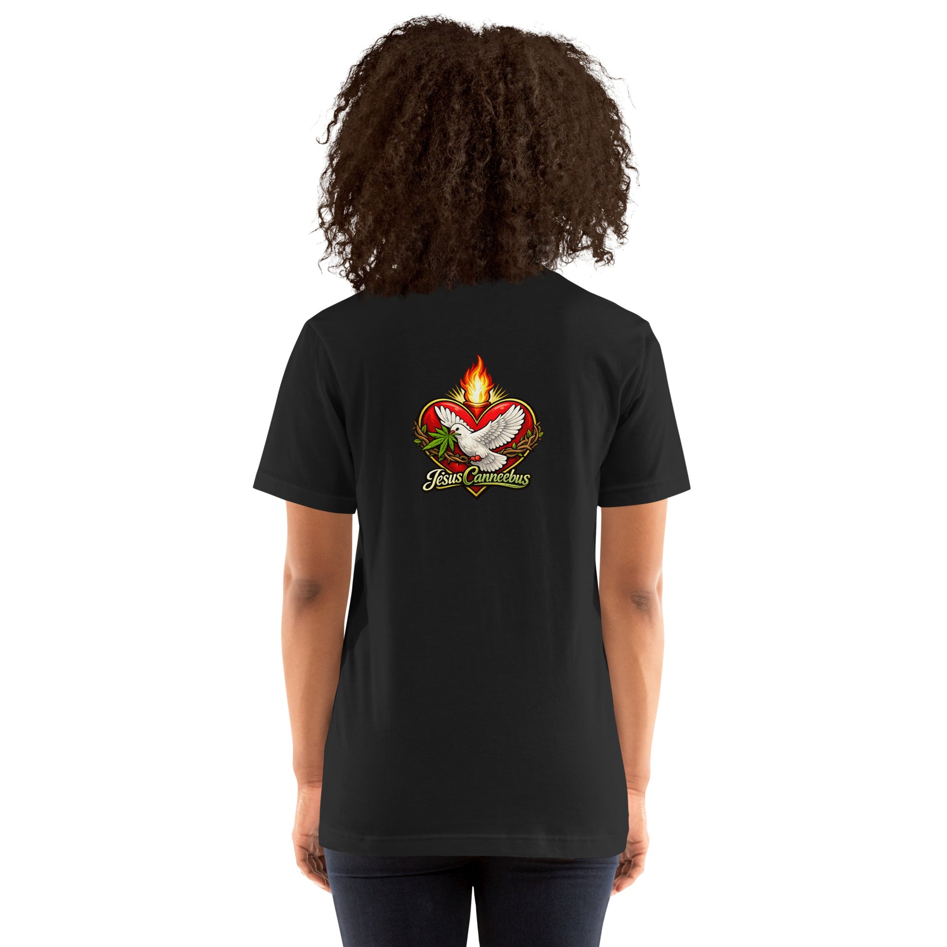 Sacred Threads Flaming Dove Tee – female lifestyle back | Sacred Streetwear | JesusCanneebus