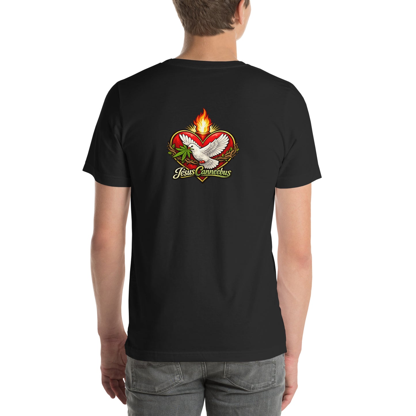 Sacred Threads Flaming Dove Tee – male lifestyle back | Sacred Streetwear | JesusCanneebus