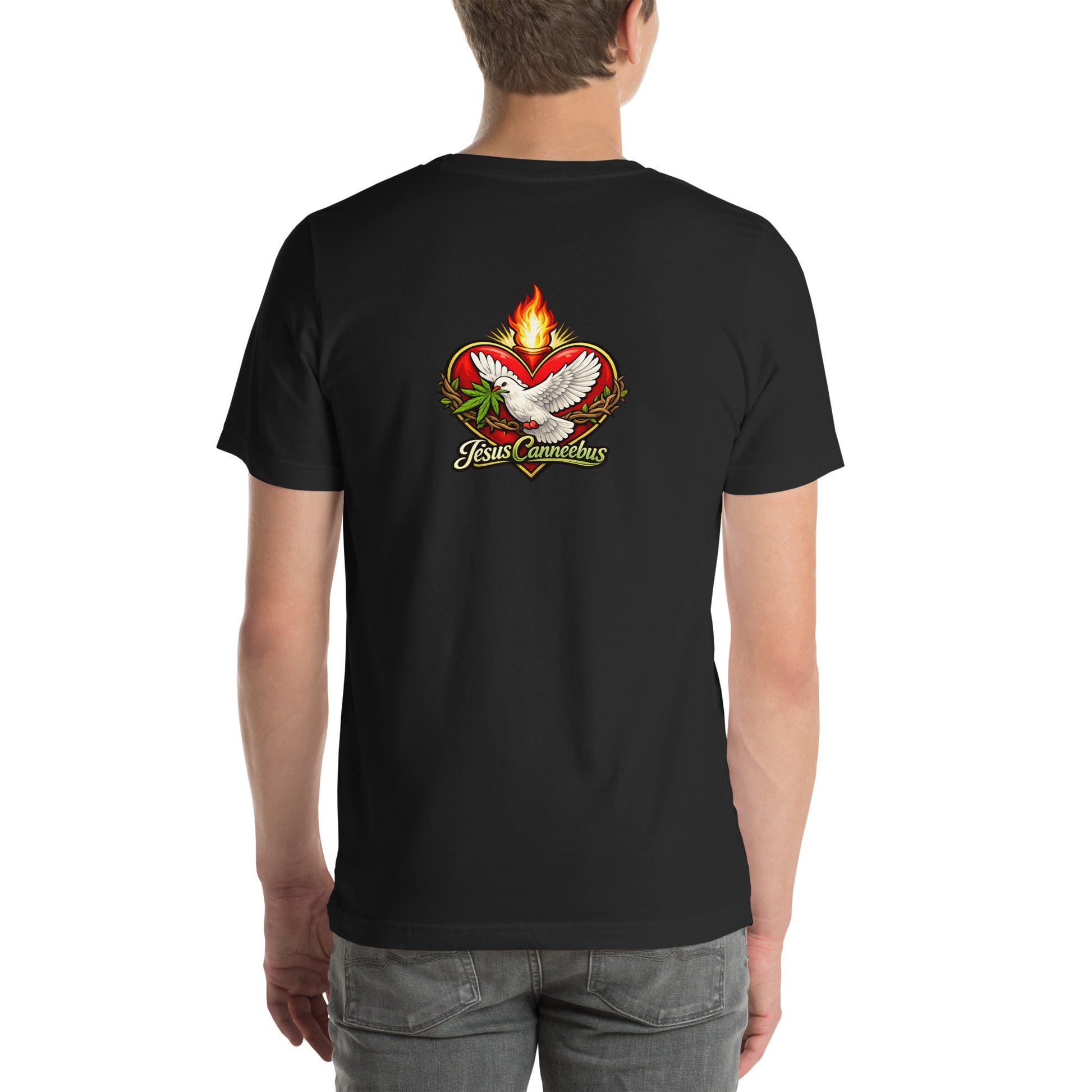 Sacred Threads Flaming Dove Tee – male lifestyle back | Sacred Streetwear | JesusCanneebus