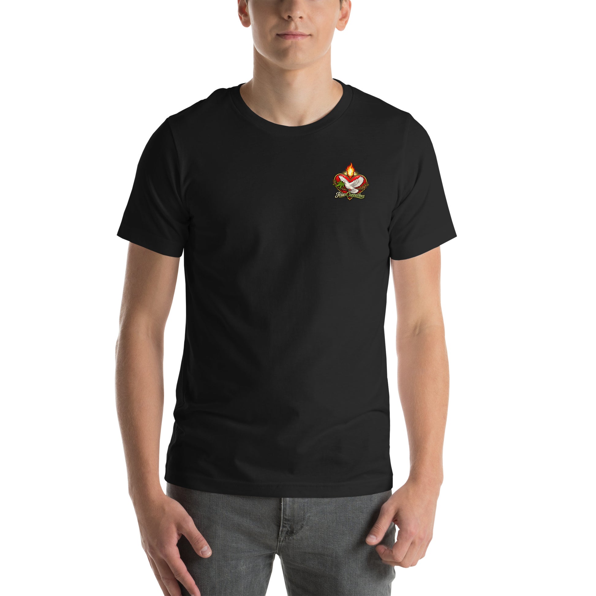 Sacred Threads Flaming Dove Tee – male lifestyle front | Sacred Streetwear | JesusCanneebus