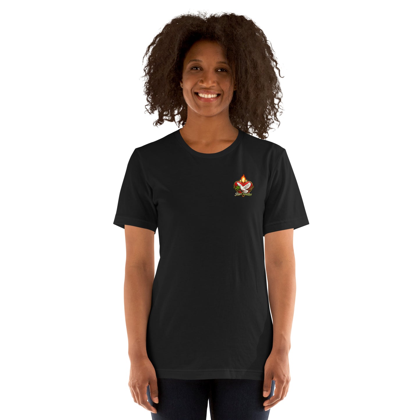 Sacred Threads Flaming Dove Tee – female lifestyle front | Sacred Streetwear | JesusCanneebus