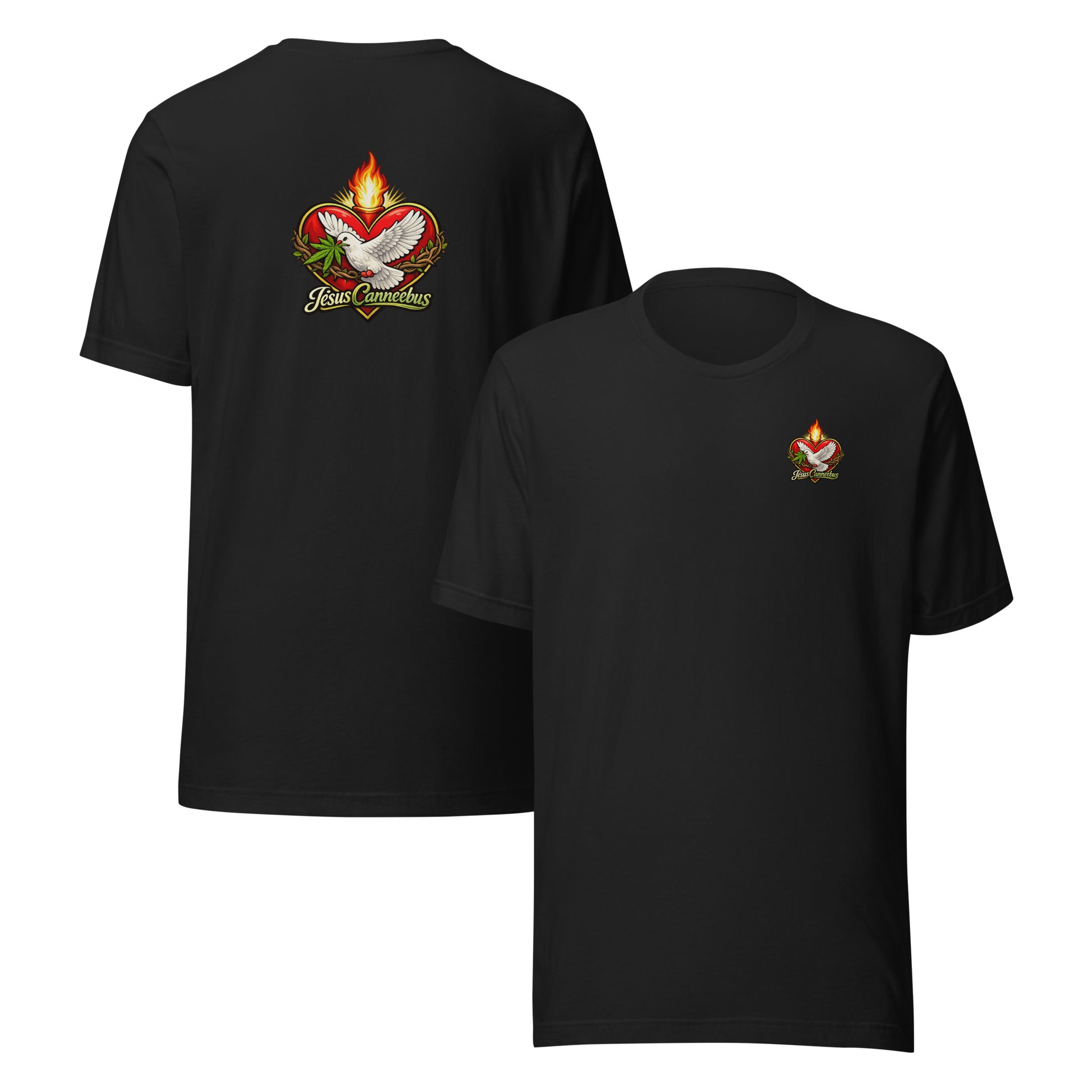 Sacred Threads Flaming Dove Tee – vintage black front and back | Sacred Streetwear | JesusCanneebus