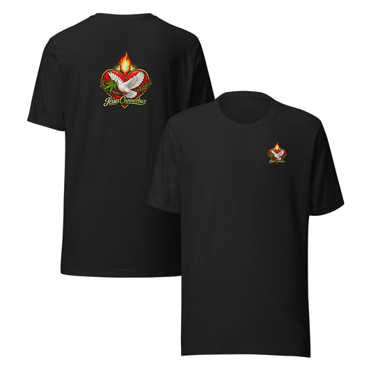 Sacred Threads Flaming Dove Tee – vintage black front and back | Sacred Streetwear | JesusCanneebus