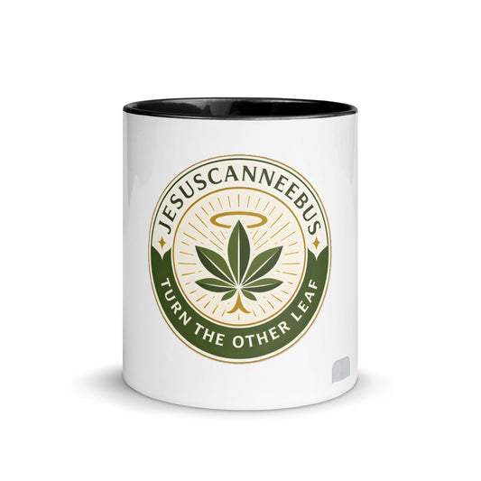 Turn the Other Leaf ceramic mug – color inside black 11oz front | Sacred Streetwear | JesusCanneebus