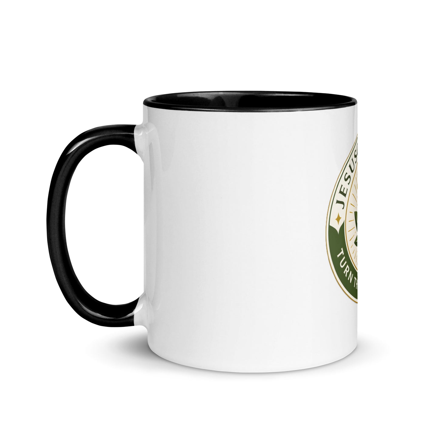 Turn the Other Leaf ceramic mug – color inside black 11oz left | Sacred Streetwear | JesusCanneebus