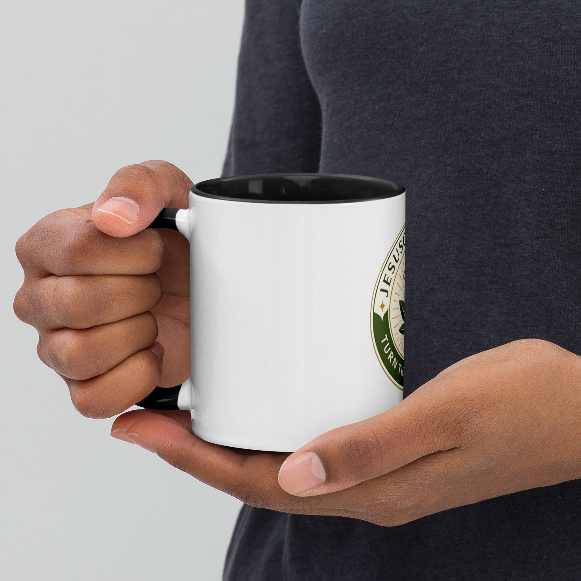 Turn the Other Leaf ceramic mug – color inside black 11oz left view 2 | Sacred Streetwear | JesusCanneebus