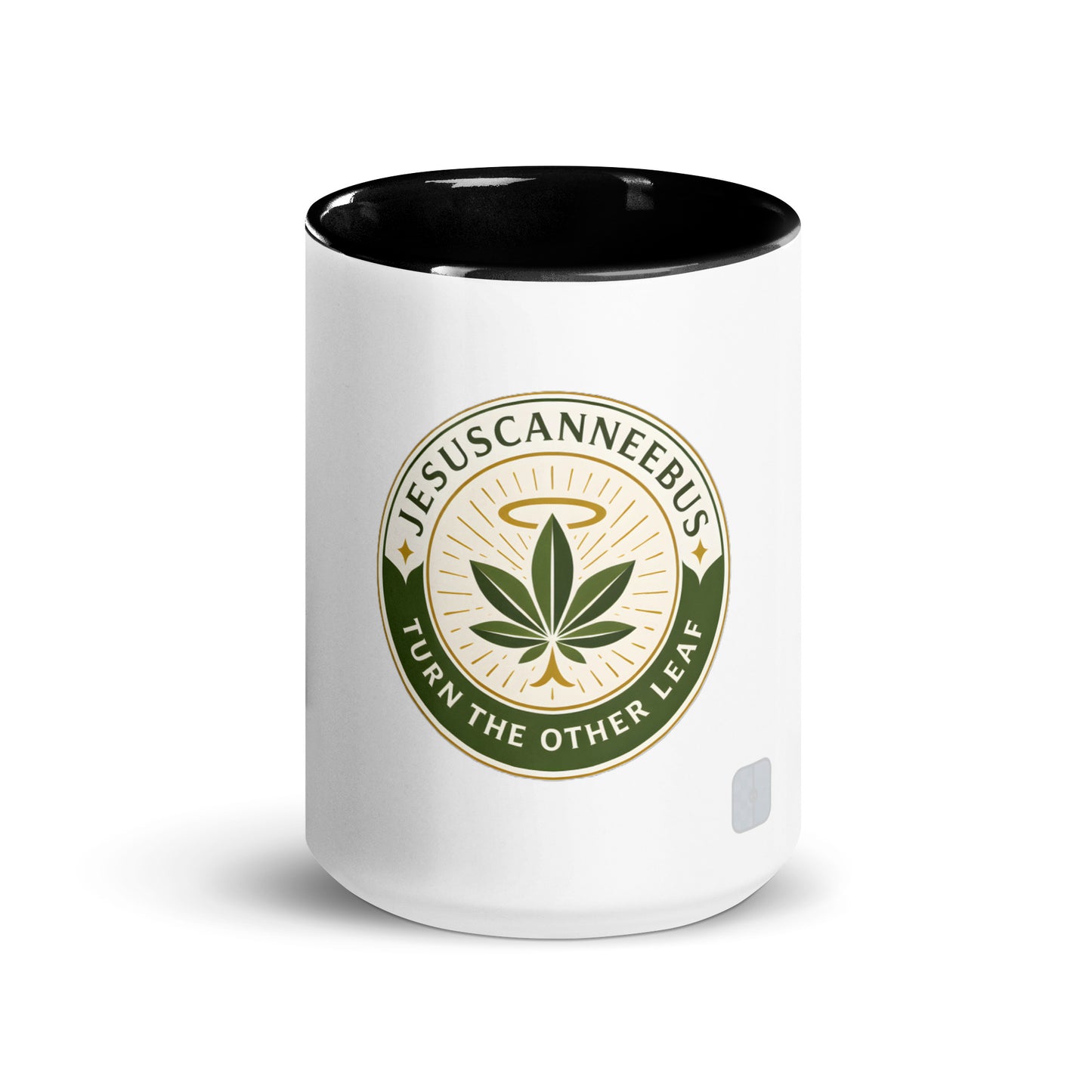 Turn the Other Leaf ceramic mug – color inside black 15oz front | Sacred Streetwear | JesusCanneebus