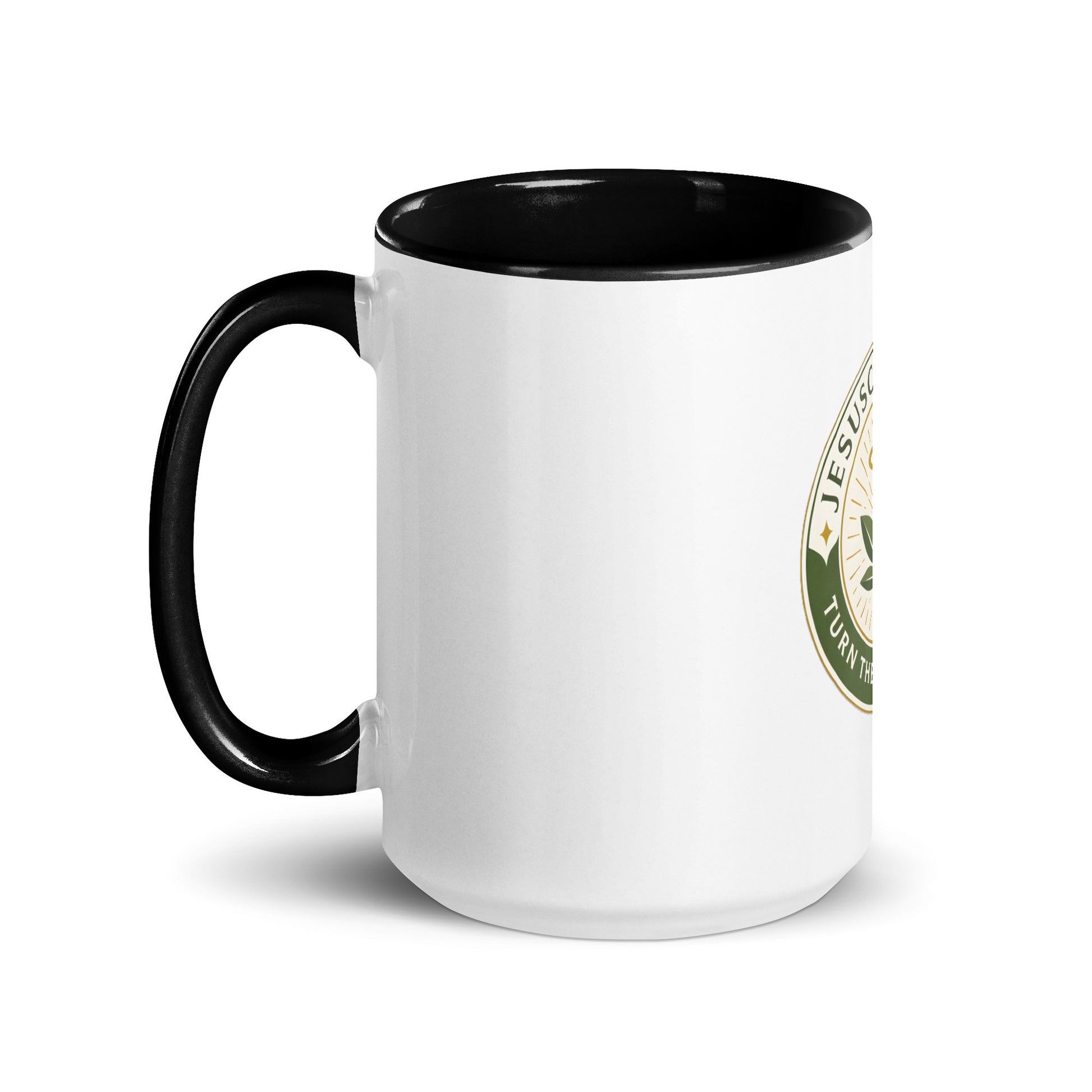Turn the Other Leaf ceramic mug – color inside black 15oz left | Sacred Streetwear | JesusCanneebus