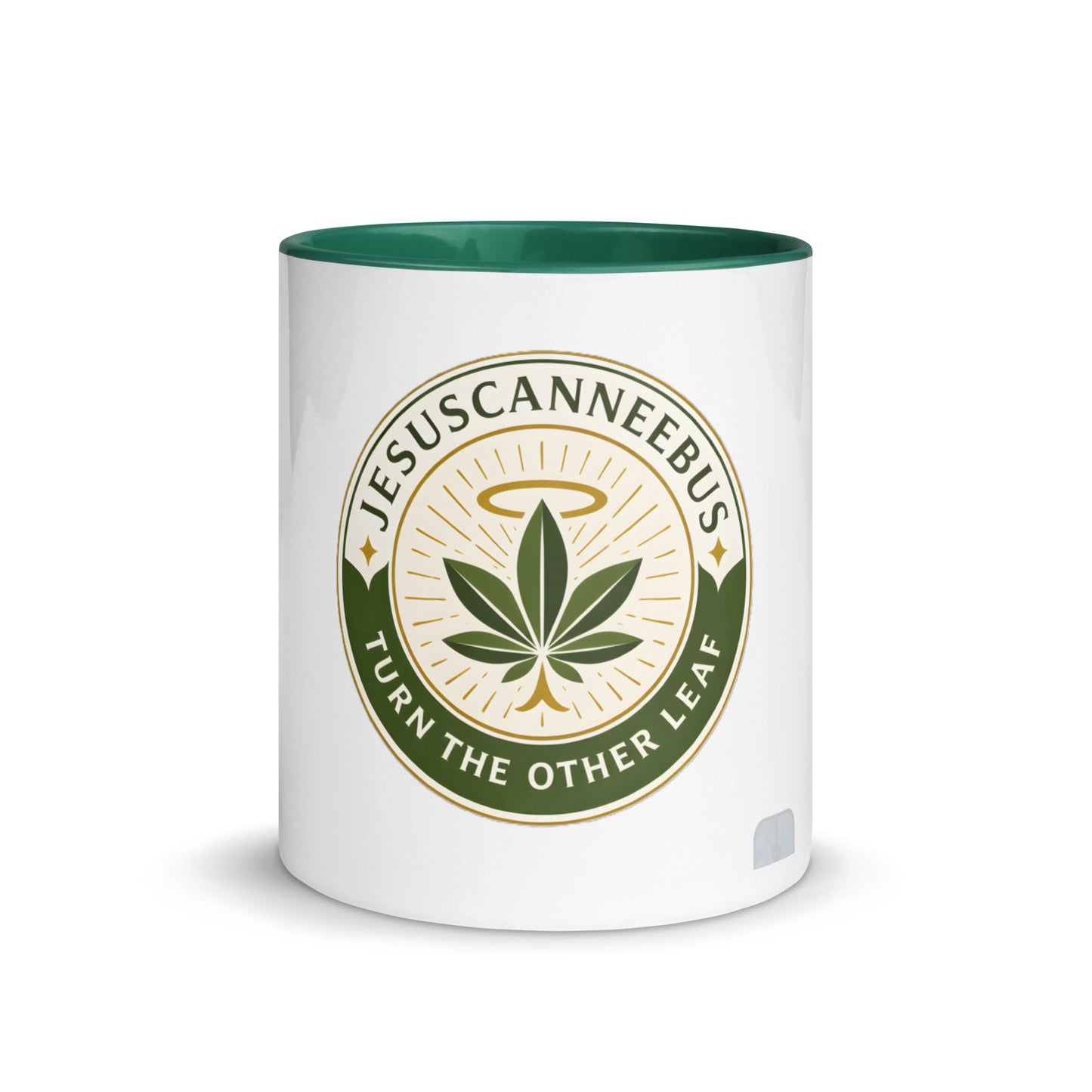 Turn the Other Leaf ceramic mug – color inside dark green 11oz front | Sacred Streetwear | JesusCanneebus