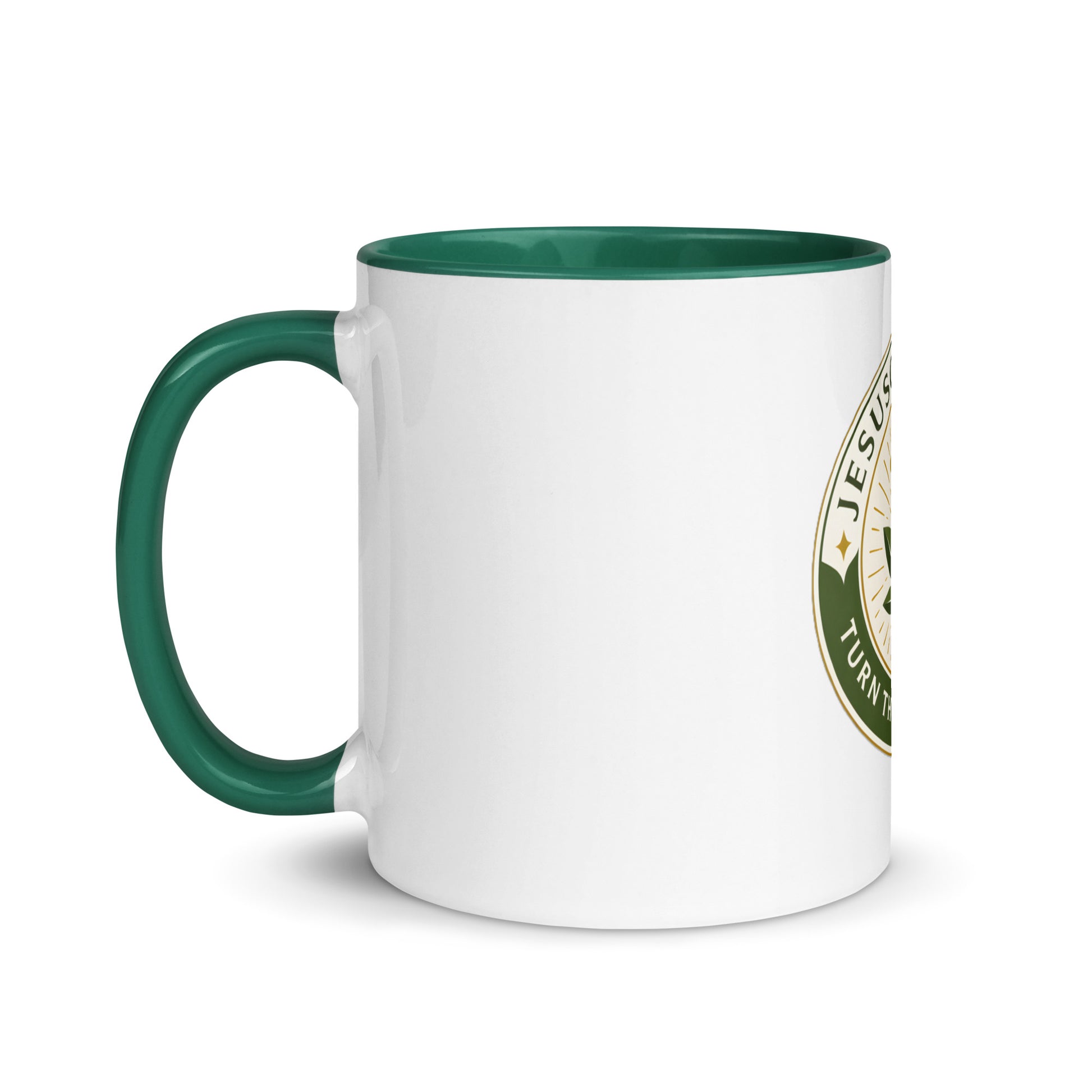 Turn the Other Leaf ceramic mug – color inside dark green 11oz left | Sacred Streetwear | JesusCanneebus