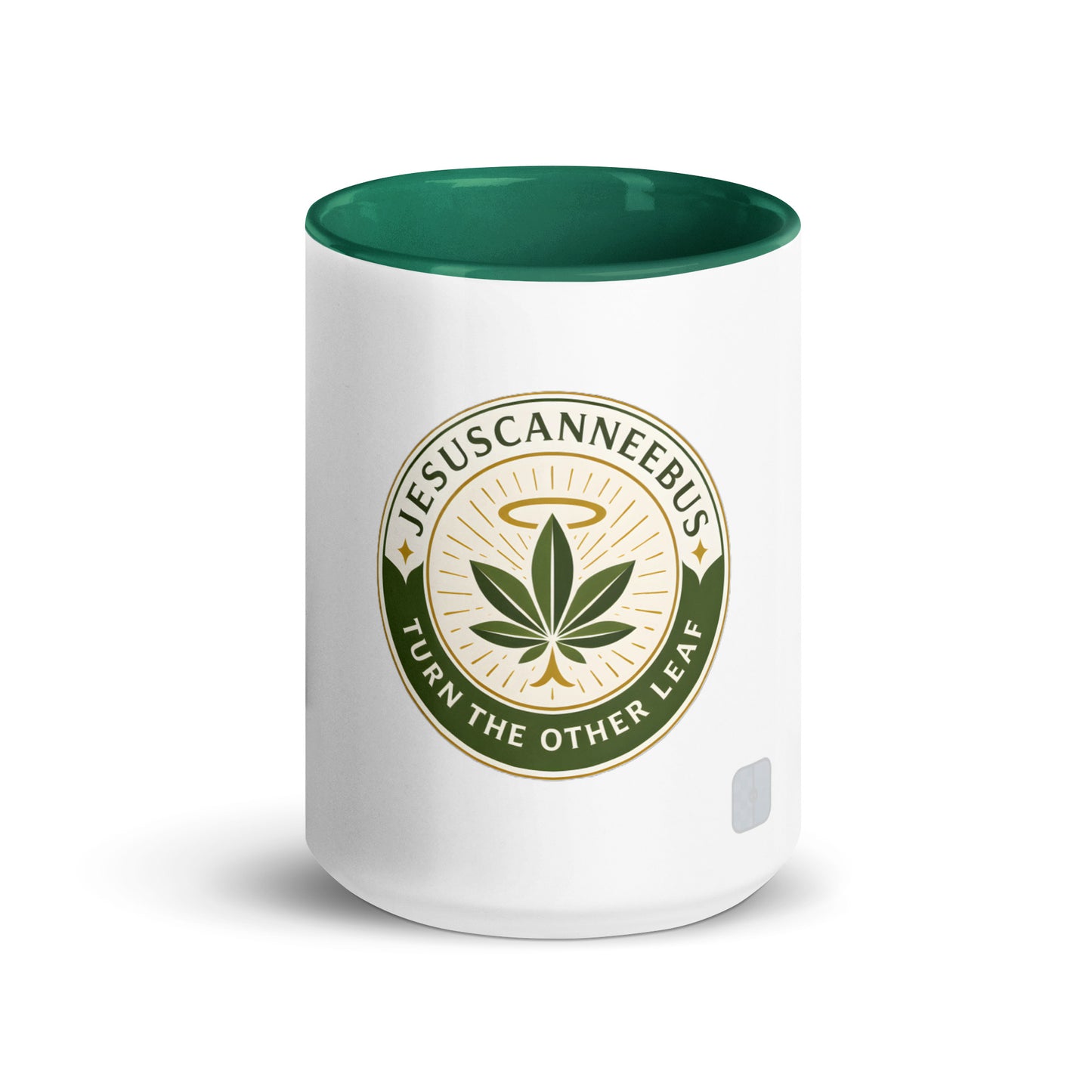 Turn the Other Leaf ceramic mug – color inside dark green 15oz front | Sacred Streetwear | JesusCanneebus