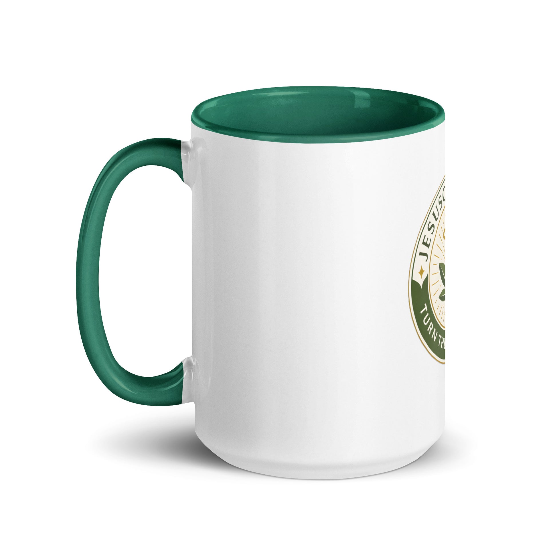 Turn the Other Leaf ceramic mug – color inside dark green 15oz left | Sacred Streetwear | JesusCanneebus