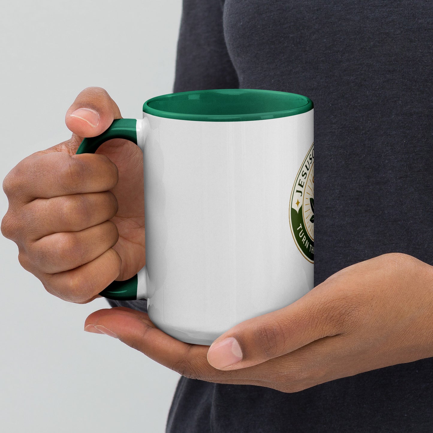 Turn the Other Leaf ceramic mug – color inside dark green 15oz left view 2 | Sacred Streetwear | JesusCanneebus